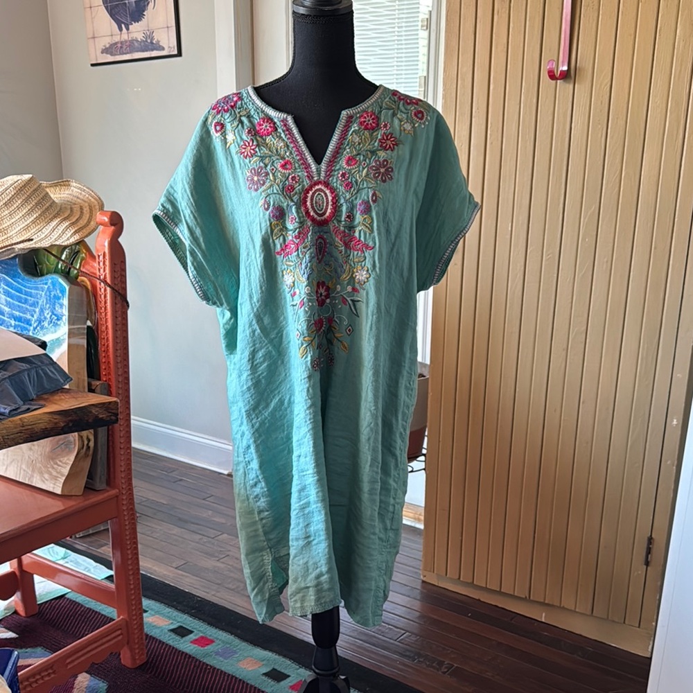 Johnny Was Green and Red Embroidered Midi Dress